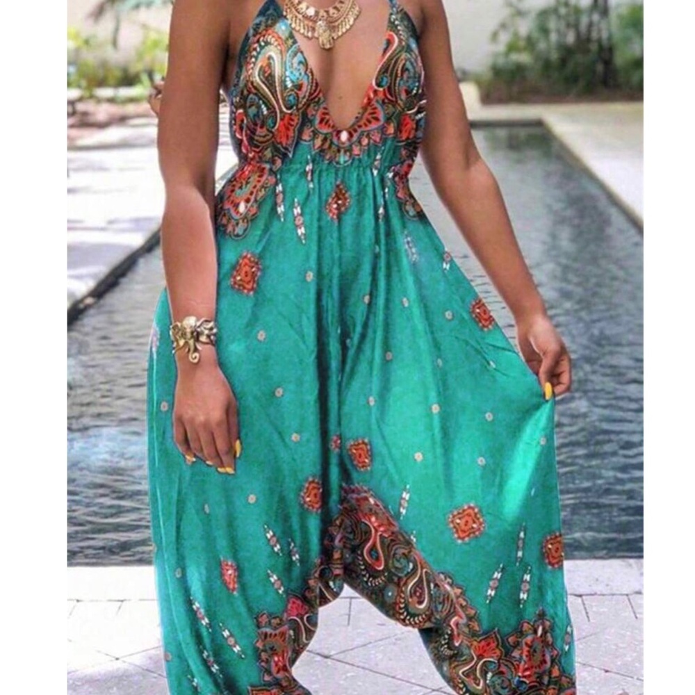 Teal Multi-color Long Harem Parachute Jumpsuit w Halter-Style Top